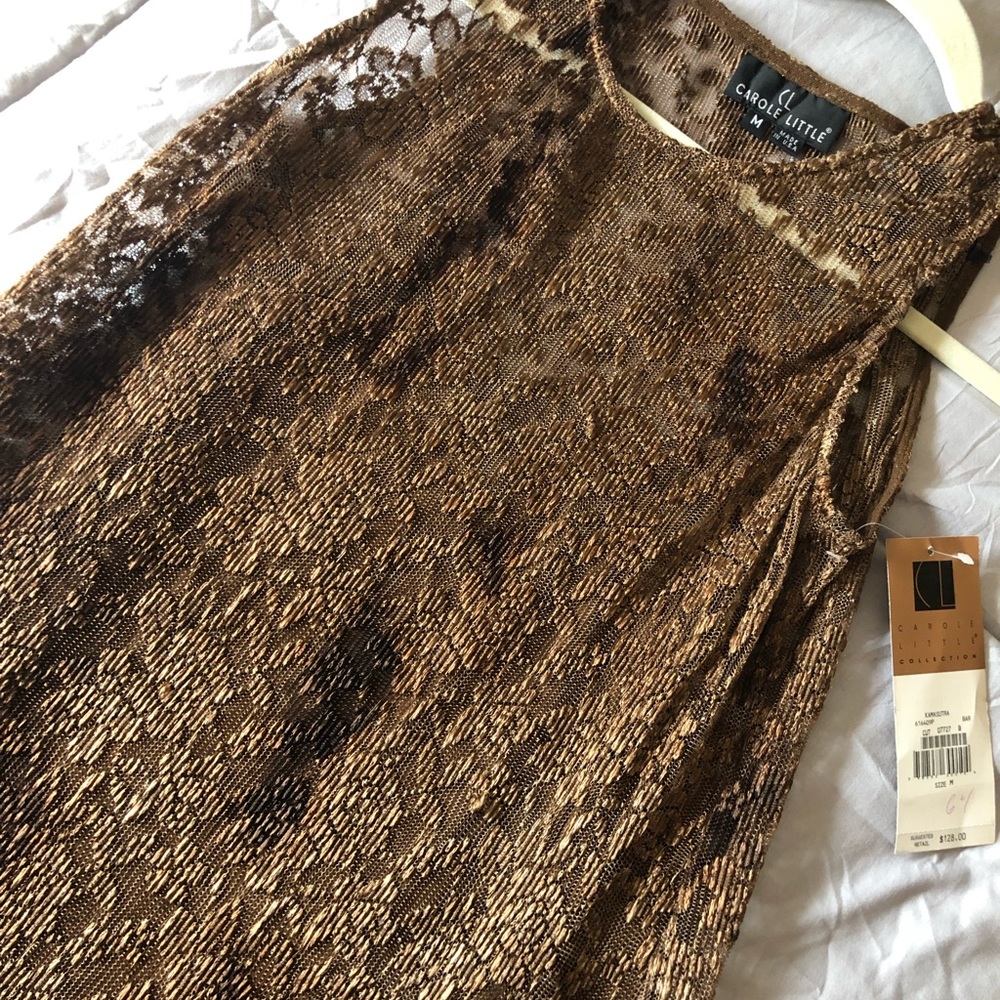 Brown lace print dress sleeveless with solid under